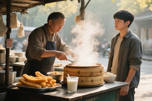 一個(gè)攤位前的面點(diǎn)類早餐