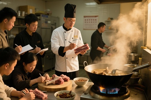 師傅指導學員處理羊肉、熬制高湯的教學場景